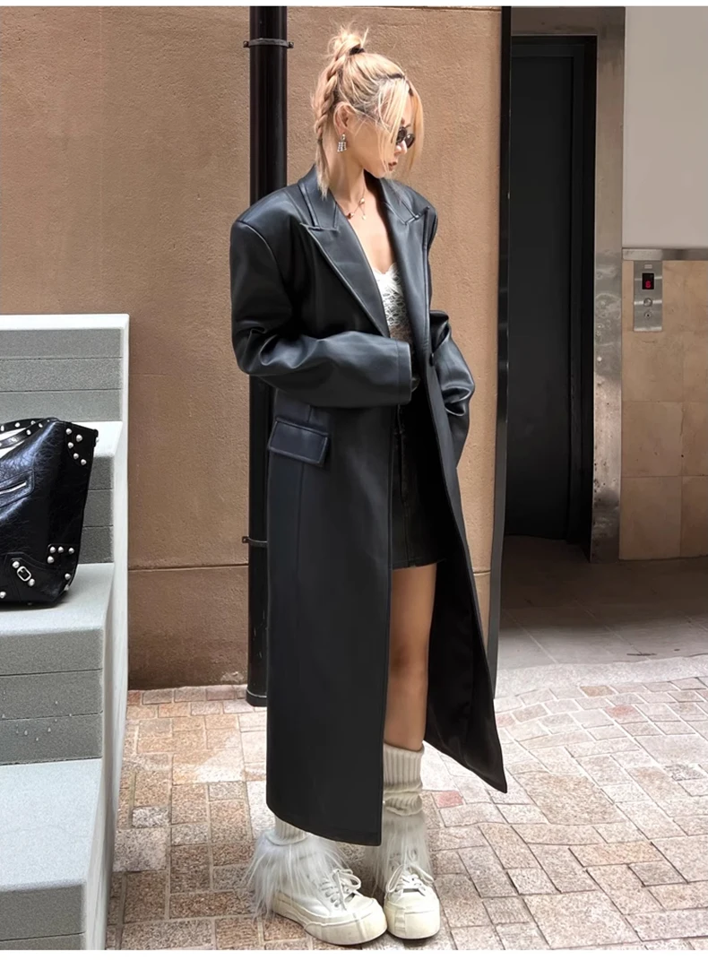Lautaro Spring Autumn Extra Long Black Loose Pu Leather Trench Coat for Women Shoulder Pads Double Breasted Faux Leather Blazer
