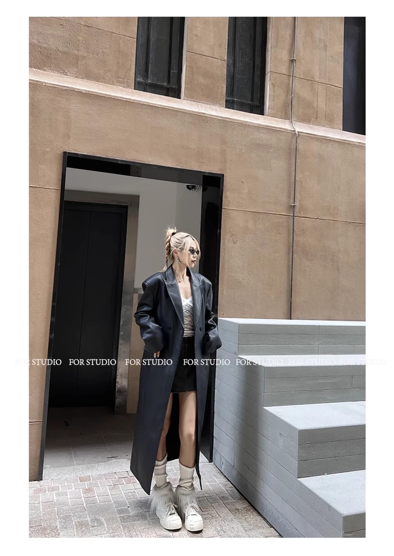 Lautaro Spring Autumn Extra Long Black Loose Pu Leather Trench Coat for Women Shoulder Pads Double Breasted Faux Leather Blazer