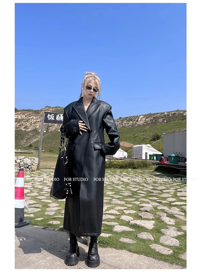Lautaro Spring Autumn Extra Long Black Loose Pu Leather Trench Coat for Women Shoulder Pads Double Breasted Faux Leather Blazer