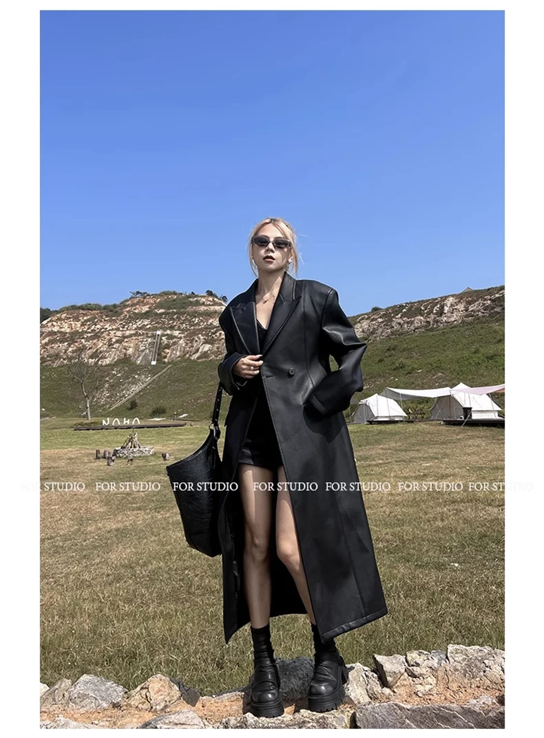 Lautaro Spring Autumn Extra Long Black Loose Pu Leather Trench Coat for Women Shoulder Pads Double Breasted Faux Leather Blazer