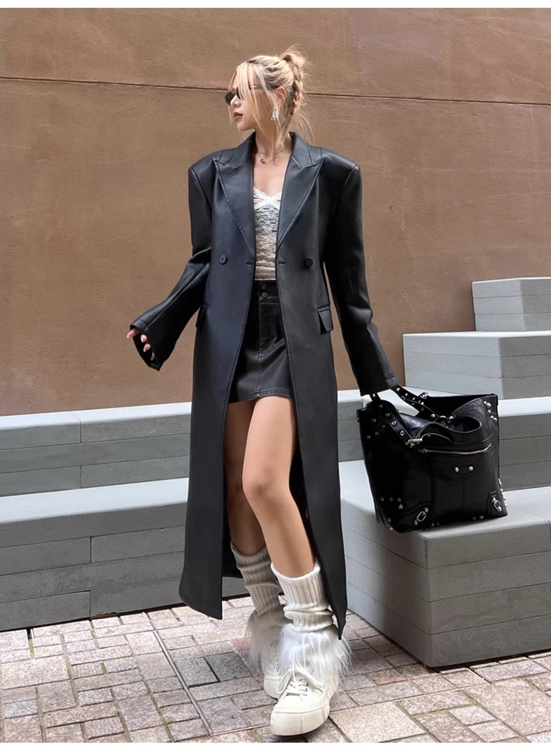 Lautaro Spring Autumn Extra Long Black Loose Pu Leather Trench Coat for Women Shoulder Pads Double Breasted Faux Leather Blazer