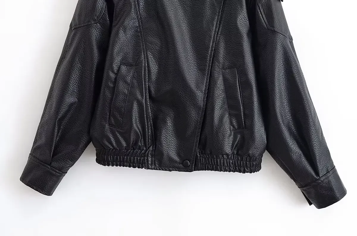 HH 2026 Women Trend Pu Leather Black Coats Stand Collar Long Sleeve Zipper Jacket Woman Fashion Vintage High Street Pu Jackets