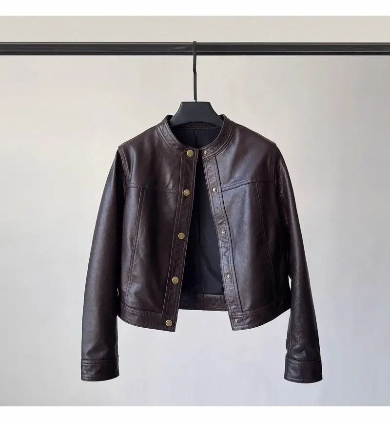 Spring Fashion New Women's High-end Leather Jacket with Stylish Design and Temperament Single Breasted Motorcycle Jacket