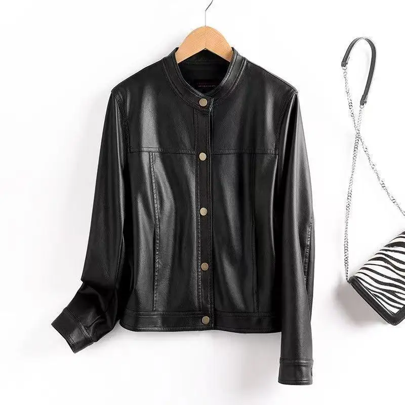 Spring Fashion New Women's High-end Leather Jacket with Stylish Design and Temperament Single Breasted Motorcycle Jacket