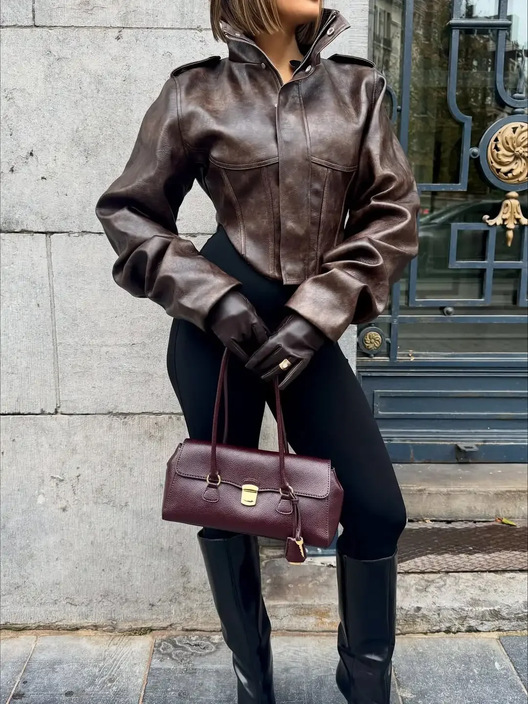 Vintage Solid Waist Cinching Leather Jacket Women Fashion Stand Collar Full Sleeve Zipper Buckle Coat 2026 Lady Street Outerwear