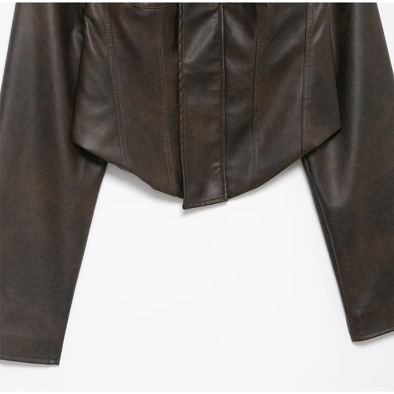 Vintage Solid Waist Cinching Leather Jacket Women Fashion Stand Collar Full Sleeve Zipper Buckle Coat 2026 Lady Street Outerwear