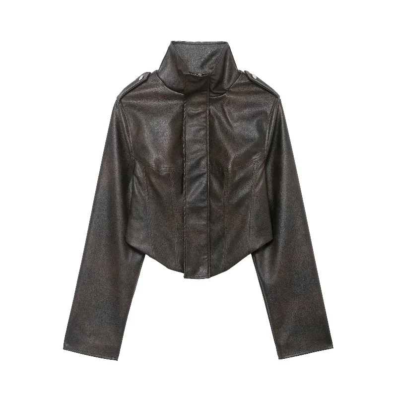 Vintage Solid Waist Cinching Leather Jacket Women Fashion Stand Collar Full Sleeve Zipper Buckle Coat 2026 Lady Street Outerwear