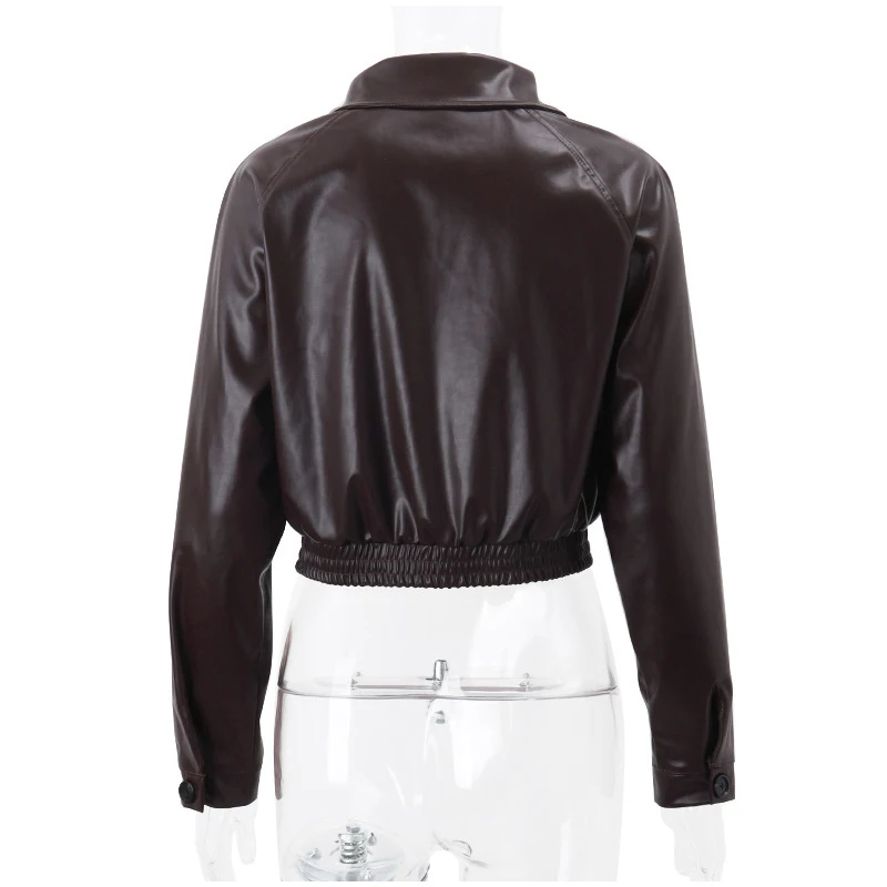 Vintage Solid Waist Cinching Leather Jacket Women Fashion Stand Collar Full Sleeve Zipper Buckle Coat 2026 Lady Street Outerwear