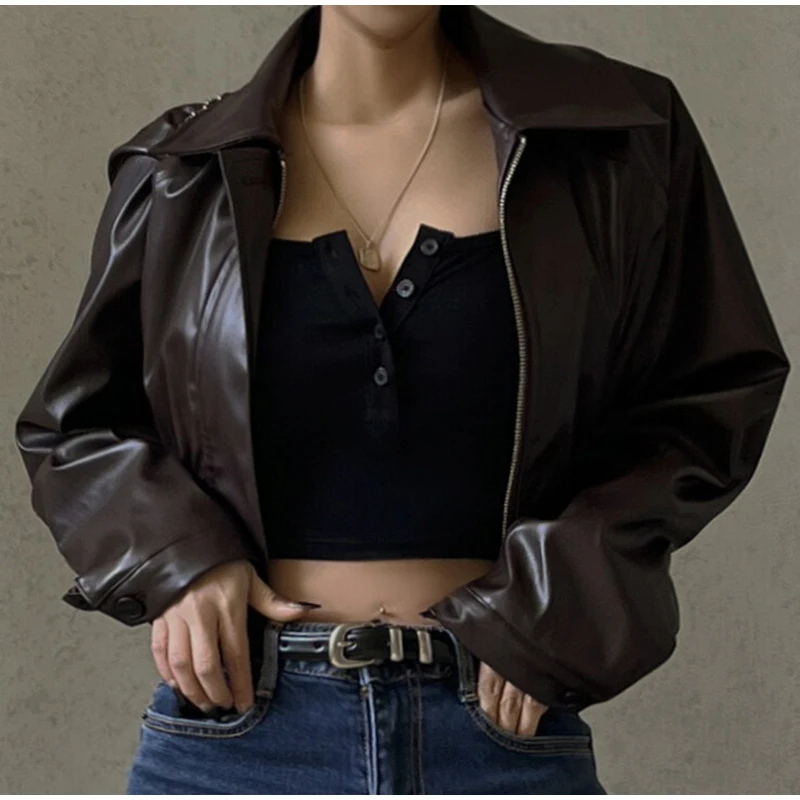 Vintage Solid Waist Cinching Leather Jacket Women Fashion Stand Collar Full Sleeve Zipper Buckle Coat 2026 Lady Street Outerwear