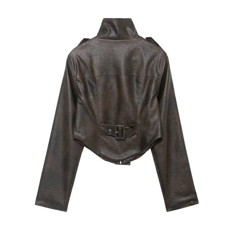 Vintage Solid Waist Cinching Leather Jacket Women Fashion Stand Collar Full Sleeve Zipper Buckle Coat 2026 Lady Street Outerwear