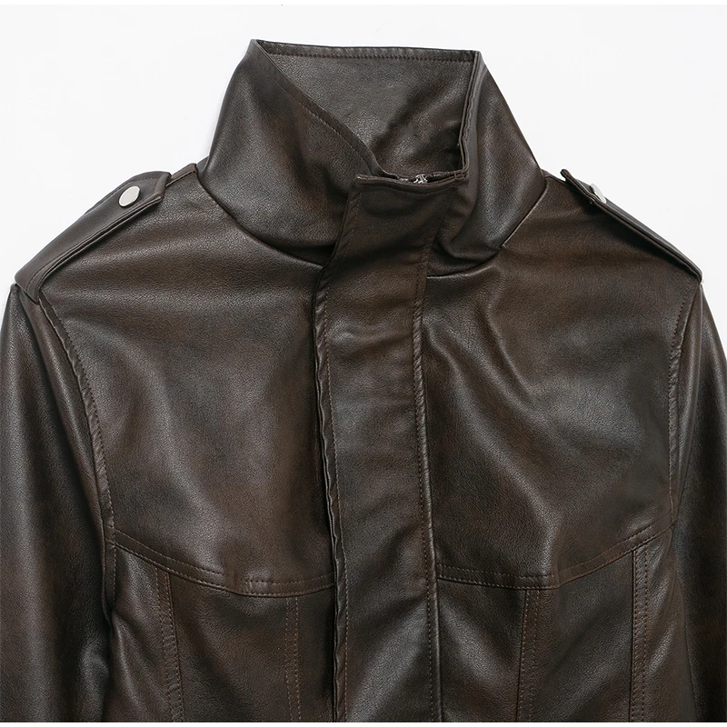 Vintage Solid Waist Cinching Leather Jacket Women Fashion Stand Collar Full Sleeve Zipper Buckle Coat 2026 Lady Street Outerwear