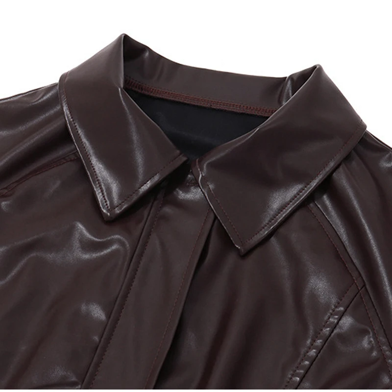 Vintage Solid Waist Cinching Leather Jacket Women Fashion Stand Collar Full Sleeve Zipper Buckle Coat 2026 Lady Street Outerwear
