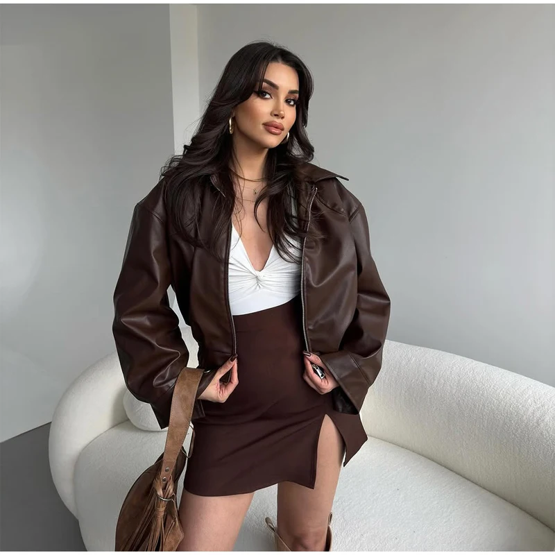 Vintage Solid Waist Cinching Leather Jacket Women Fashion Stand Collar Full Sleeve Zipper Buckle Coat 2026 Lady Street Outerwear