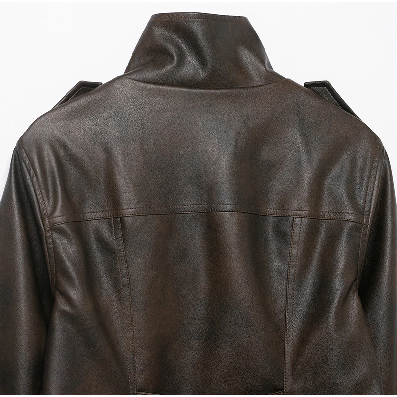 Vintage Solid Waist Cinching Leather Jacket Women Fashion Stand Collar Full Sleeve Zipper Buckle Coat 2026 Lady Street Outerwear