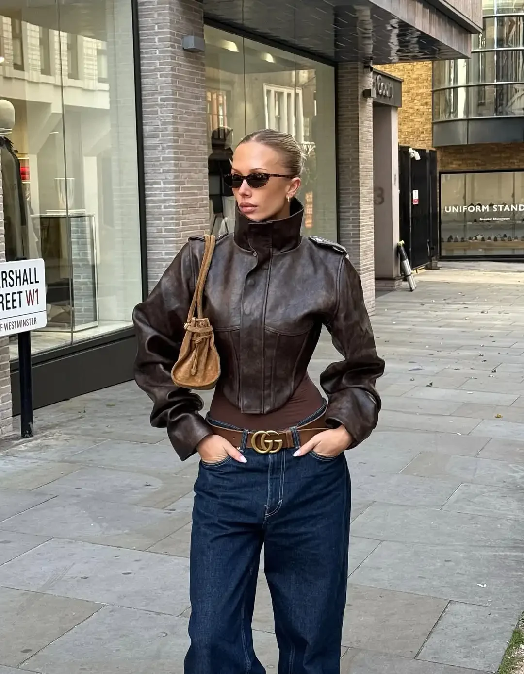 Vintage Solid Waist Cinching Leather Jacket Women Fashion Stand Collar Full Sleeve Zipper Buckle Coat 2026 Lady Street Outerwear