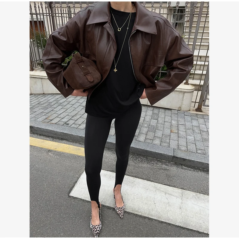 Vintage Solid Waist Cinching Leather Jacket Women Fashion Stand Collar Full Sleeve Zipper Buckle Coat 2026 Lady Street Outerwear