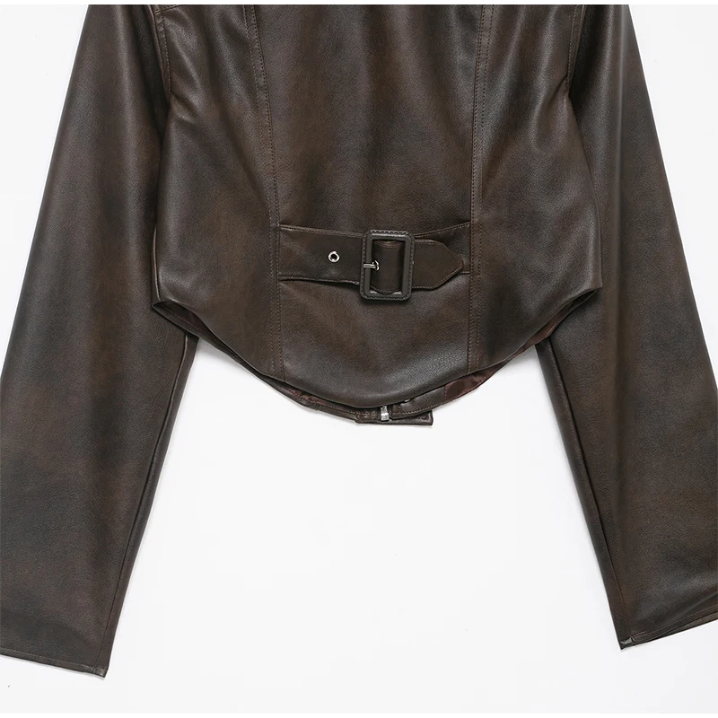 Vintage Solid Waist Cinching Leather Jacket Women Fashion Stand Collar Full Sleeve Zipper Buckle Coat 2026 Lady Street Outerwear