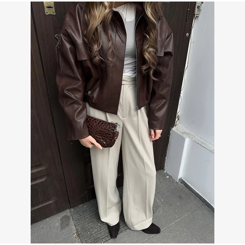 Vintage Solid Waist Cinching Leather Jacket Women Fashion Stand Collar Full Sleeve Zipper Buckle Coat 2026 Lady Street Outerwear