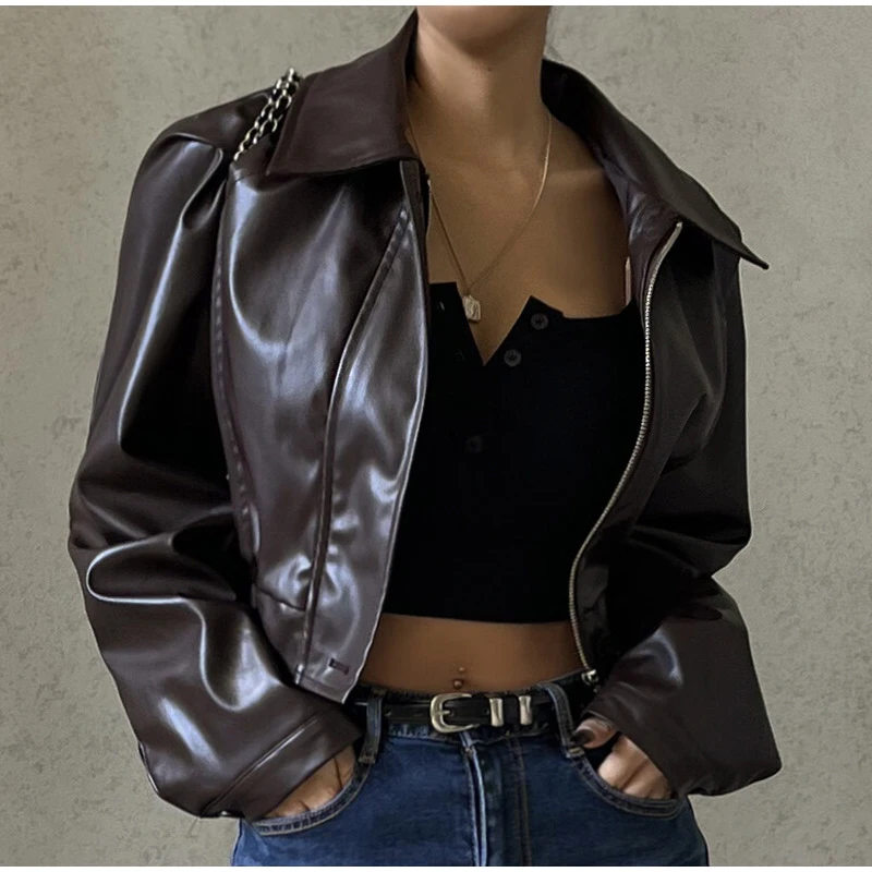 Vintage Solid Waist Cinching Leather Jacket Women Fashion Stand Collar Full Sleeve Zipper Buckle Coat 2026 Lady Street Outerwear
