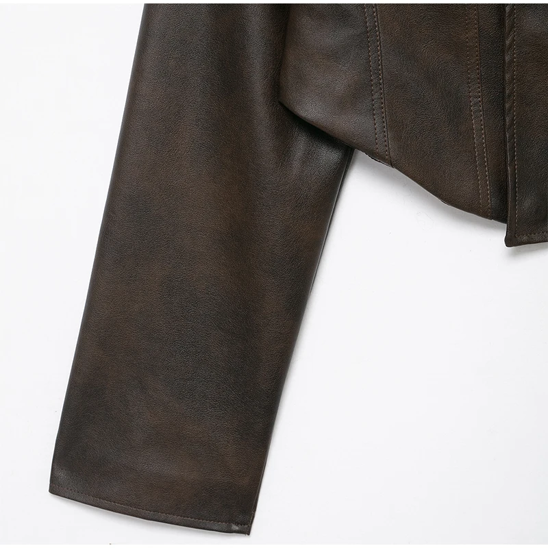 Vintage Solid Waist Cinching Leather Jacket Women Fashion Stand Collar Full Sleeve Zipper Buckle Coat 2026 Lady Street Outerwear