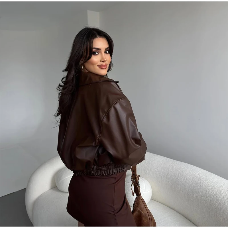 Vintage Solid Waist Cinching Leather Jacket Women Fashion Stand Collar Full Sleeve Zipper Buckle Coat 2026 Lady Street Outerwear