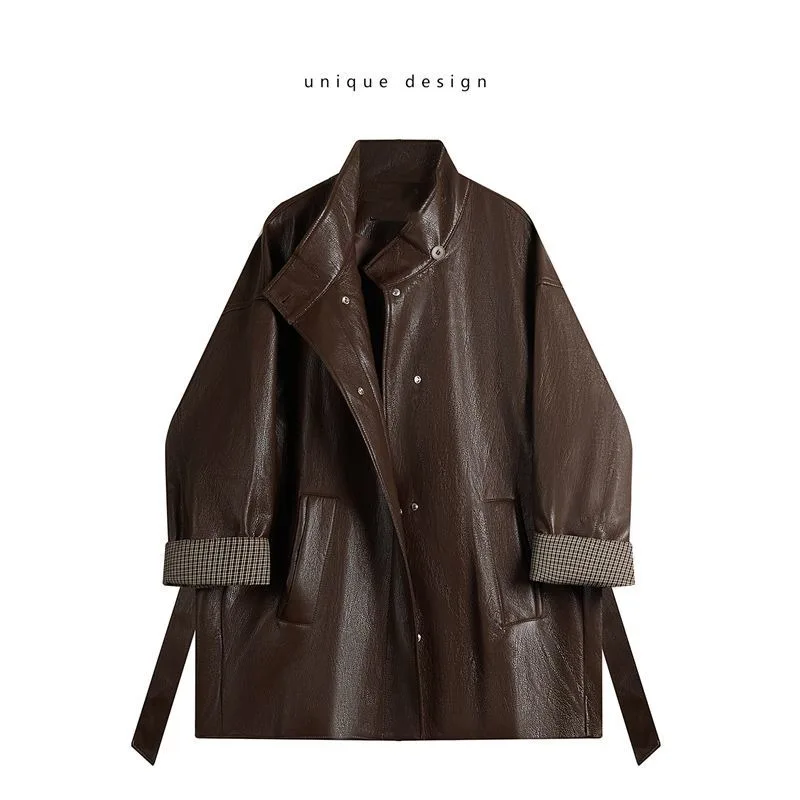 Maillard Coffee Color Design tie up Slimming Leather Jacket 2025Autumn New Loose Solid Color Outfit Korean Outerwear top Commute