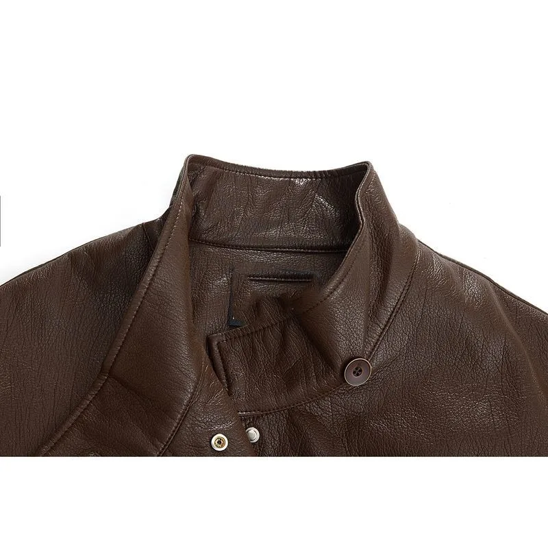 Maillard Coffee Color Design tie up Slimming Leather Jacket 2025Autumn New Loose Solid Color Outfit Korean Outerwear top Commute