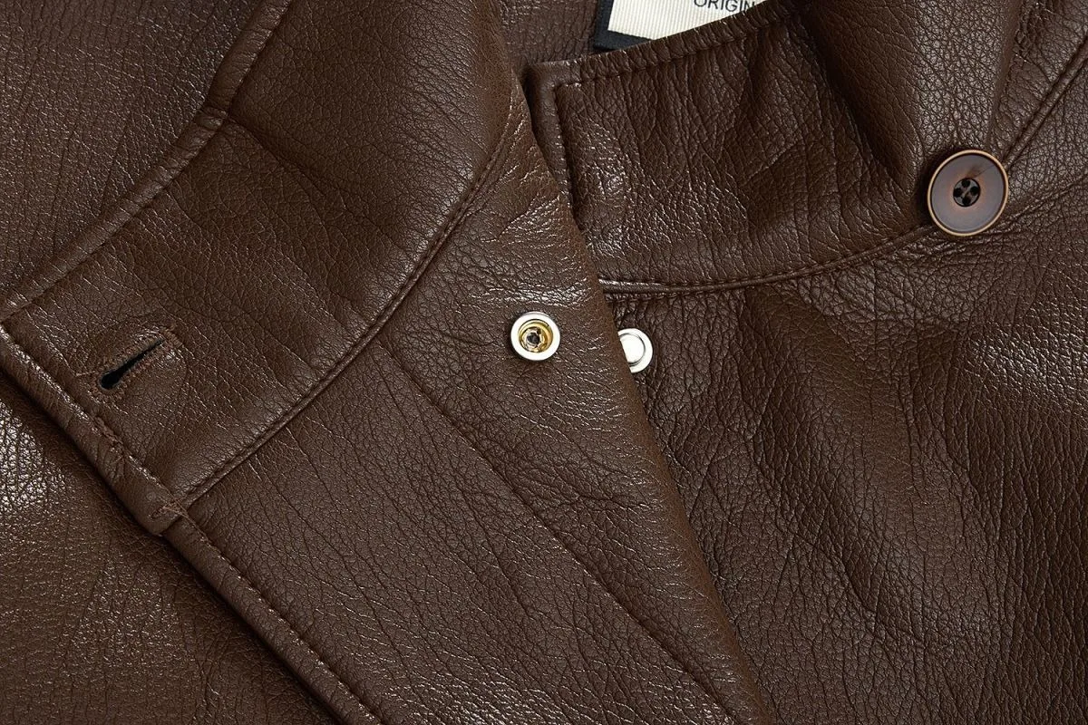 Maillard Coffee Color Design tie up Slimming Leather Jacket 2025Autumn New Loose Solid Color Outfit Korean Outerwear top Commute