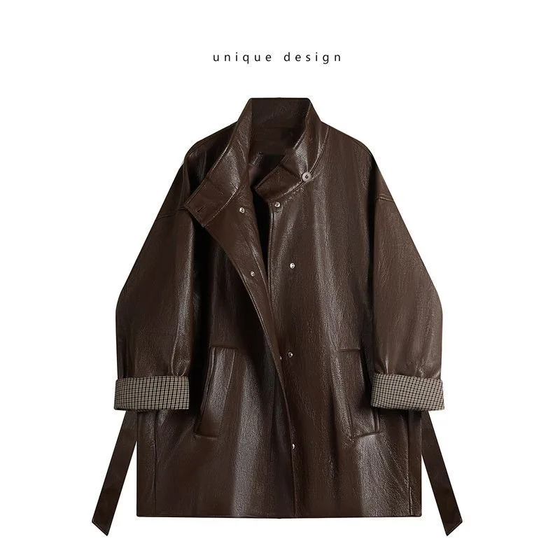 Maillard Coffee Color Design tie up Slimming Leather Jacket 2025Autumn New Loose Solid Color Outfit Korean Outerwear top Commute