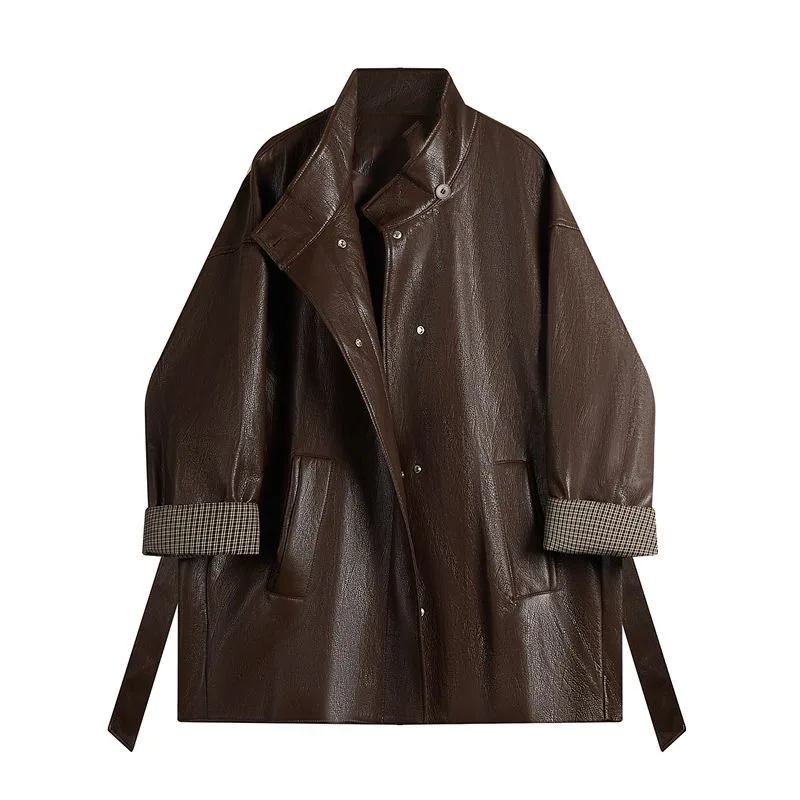 Maillard Coffee Color Design tie up Slimming Leather Jacket 2025Autumn New Loose Solid Color Outfit Korean Outerwear top Commute