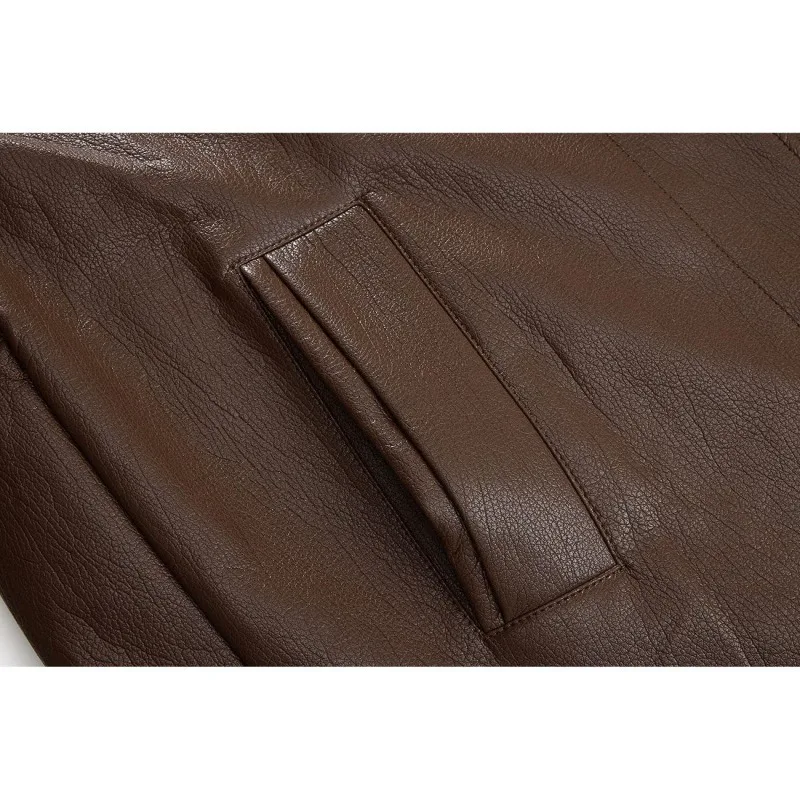 Maillard Coffee Color Design tie up Slimming Leather Jacket 2025Autumn New Loose Solid Color Outfit Korean Outerwear top Commute