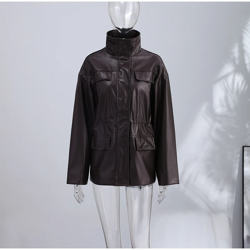 Street Waist Cinched Women's Leather Jacket Vintage Drawstring Stand Neck Zipper Pocket Jackets 2026 Autumn Moto Biker Outwear