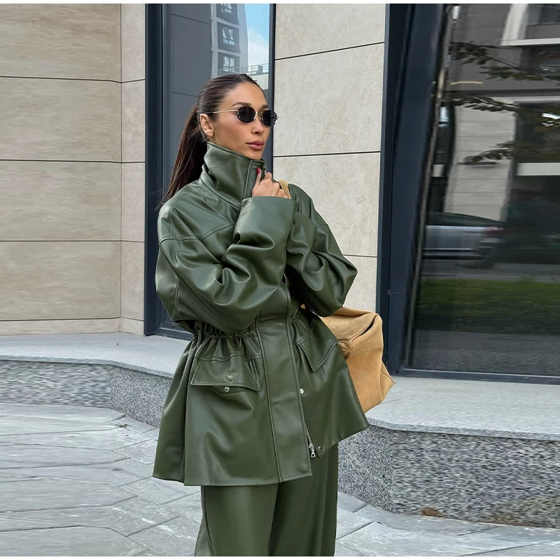 Street Waist Cinched Women's Leather Jacket Vintage Drawstring Stand Neck Zipper Pocket Jackets 2026 Autumn Moto Biker Outwear