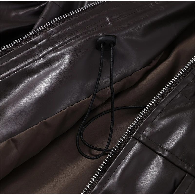 Street Waist Cinched Women's Leather Jacket Vintage Drawstring Stand Neck Zipper Pocket Jackets 2026 Autumn Moto Biker Outwear