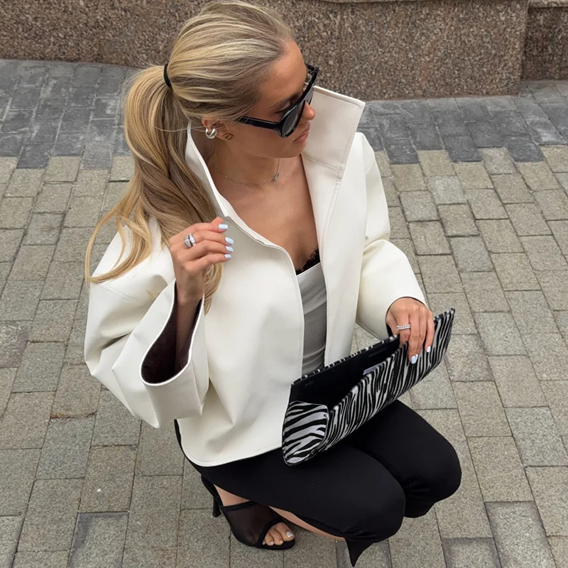 Street Waist Cinched Women's Leather Jacket Vintage Drawstring Stand Neck Zipper Pocket Jackets 2026 Autumn Moto Biker Outwear