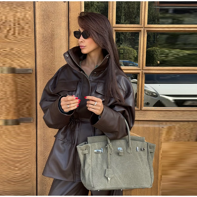 Street Waist Cinched Women's Leather Jacket Vintage Drawstring Stand Neck Zipper Pocket Jackets 2026 Autumn Moto Biker Outwear