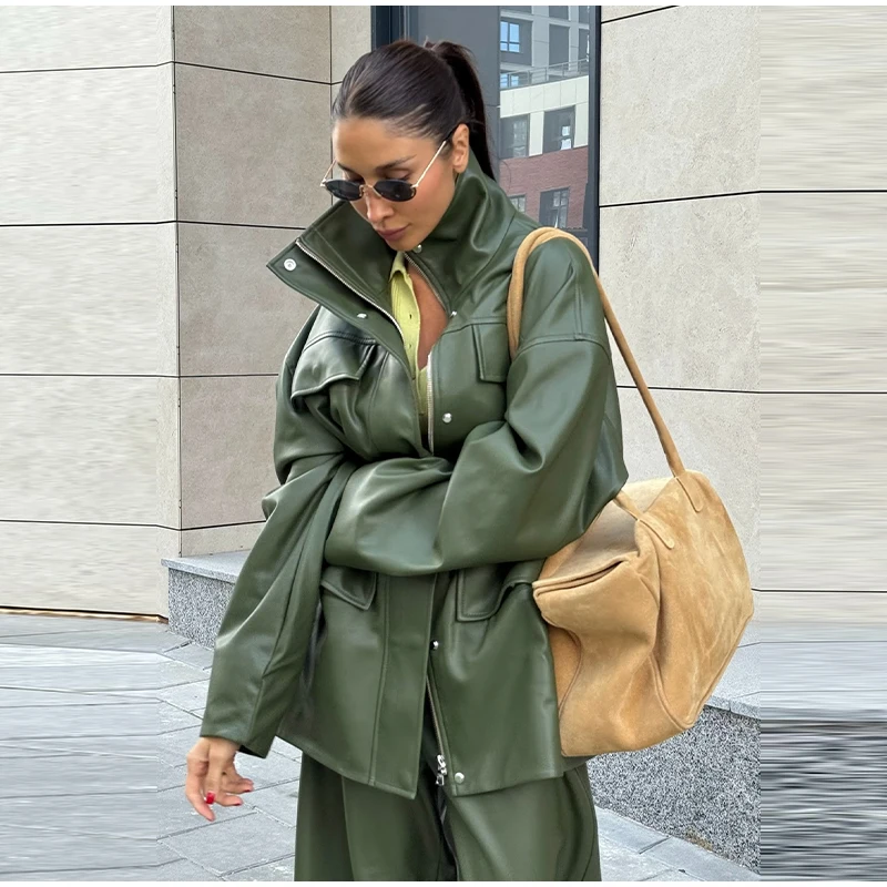 Street Waist Cinched Women's Leather Jacket Vintage Drawstring Stand Neck Zipper Pocket Jackets 2026 Autumn Moto Biker Outwear