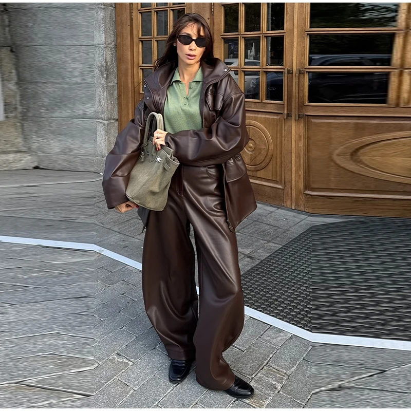 Street Waist Cinched Women's Leather Jacket Vintage Drawstring Stand Neck Zipper Pocket Jackets 2026 Autumn Moto Biker Outwear