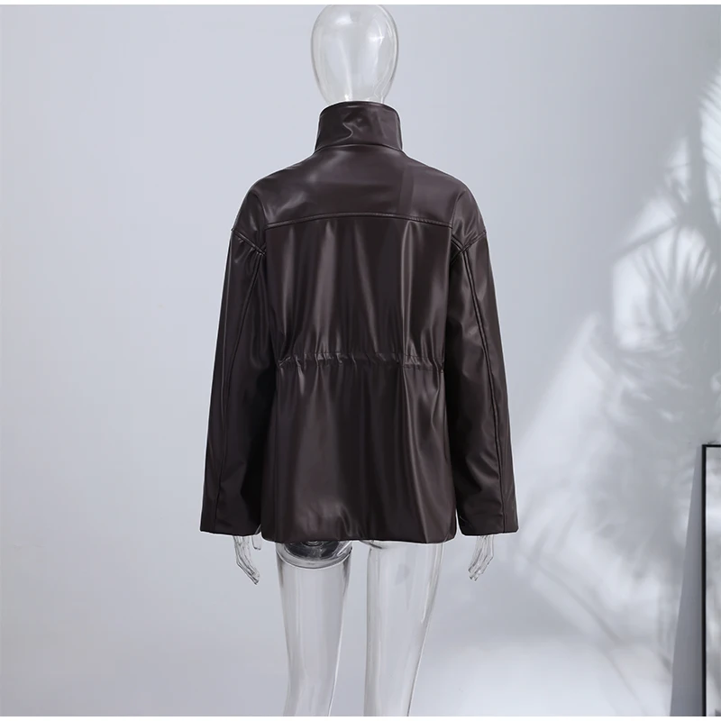 Street Waist Cinched Women's Leather Jacket Vintage Drawstring Stand Neck Zipper Pocket Jackets 2026 Autumn Moto Biker Outwear