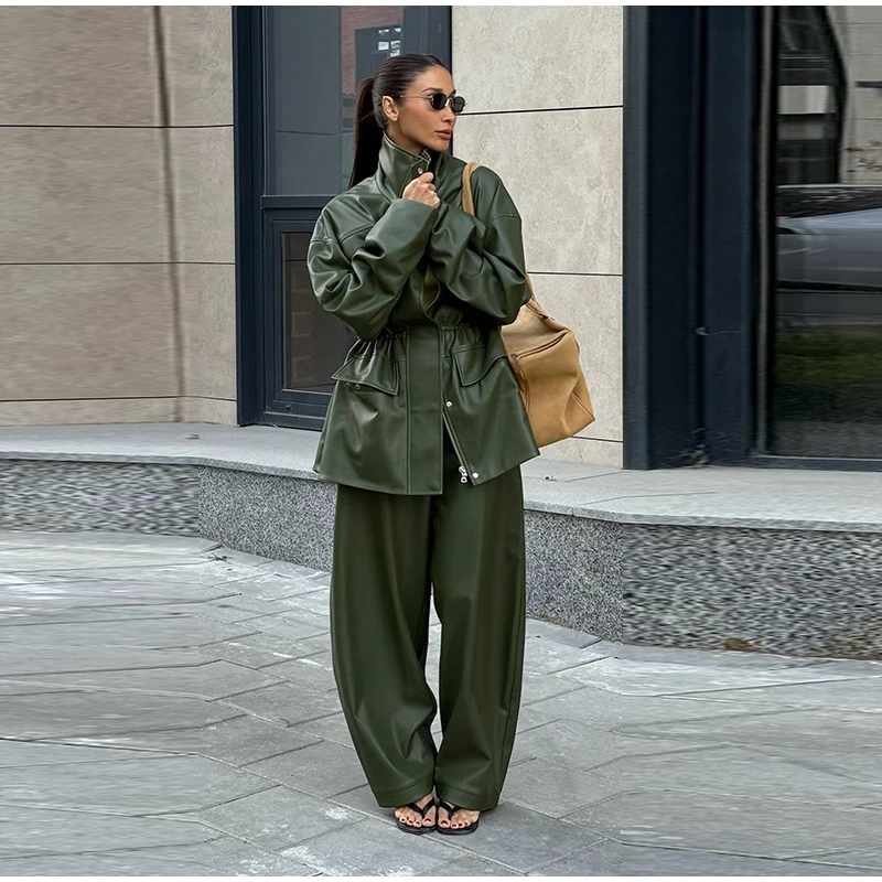 Street Waist Cinched Women's Leather Jacket Vintage Drawstring Stand Neck Zipper Pocket Jackets 2026 Autumn Moto Biker Outwear