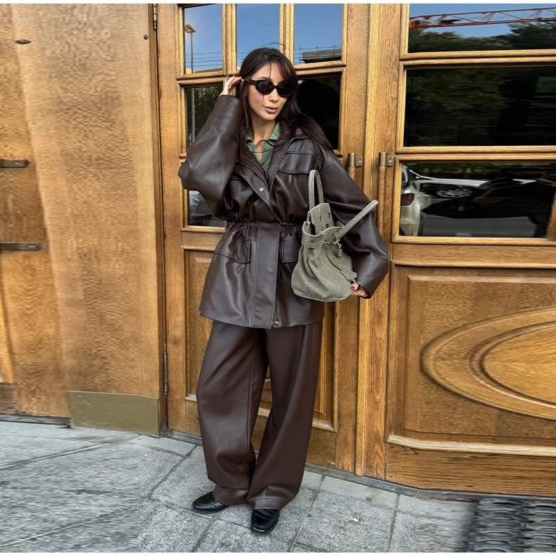Street Waist Cinched Women's Leather Jacket Vintage Drawstring Stand Neck Zipper Pocket Jackets 2026 Autumn Moto Biker Outwear