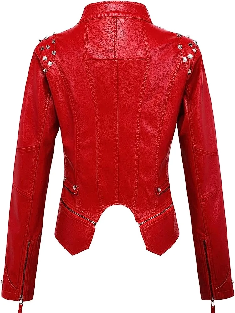 Spring New Style Suit Collar Rivet Waist Short Washed Pu Leather Jacket