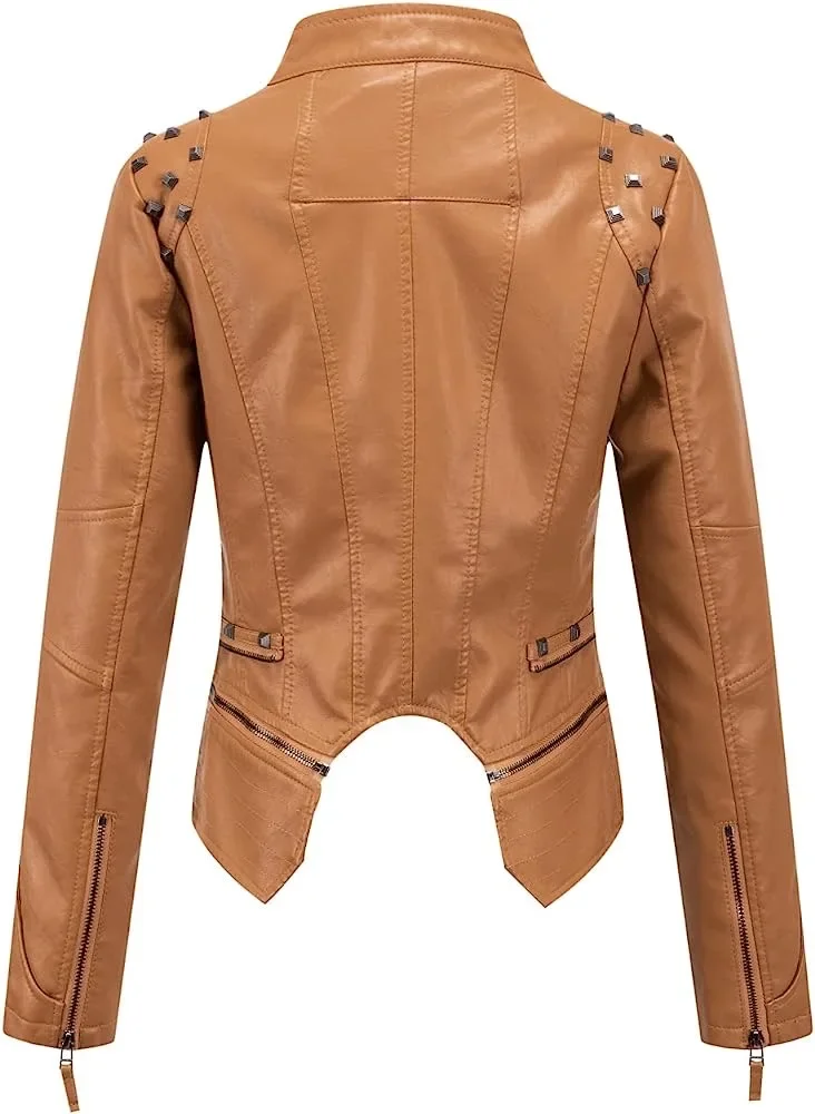 Spring New Style Suit Collar Rivet Waist Short Washed Pu Leather Jacket