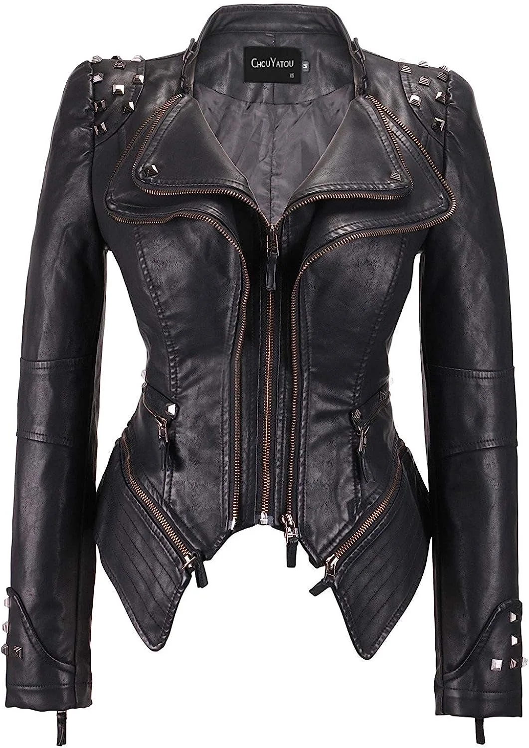 Spring New Style Suit Collar Rivet Waist Short Washed Pu Leather Jacket
