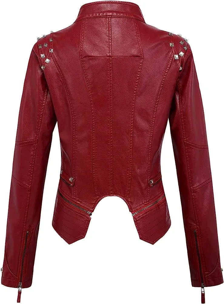 Spring New Style Suit Collar Rivet Waist Short Washed Pu Leather Jacket