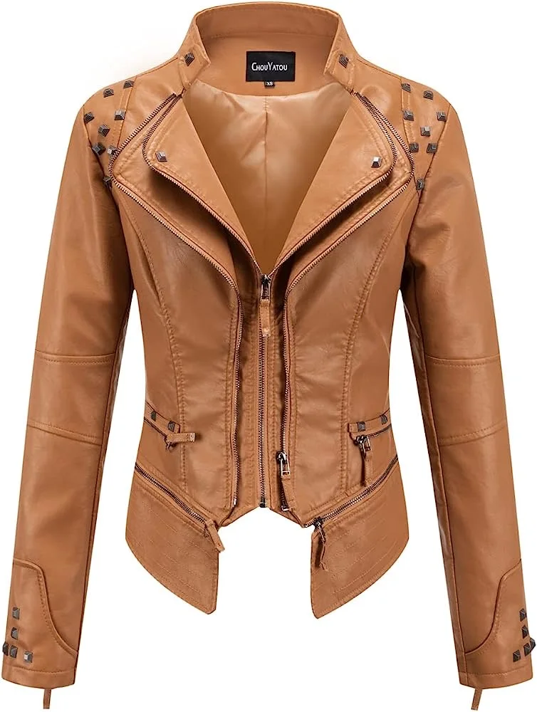 Spring New Style Suit Collar Rivet Waist Short Washed Pu Leather Jacket
