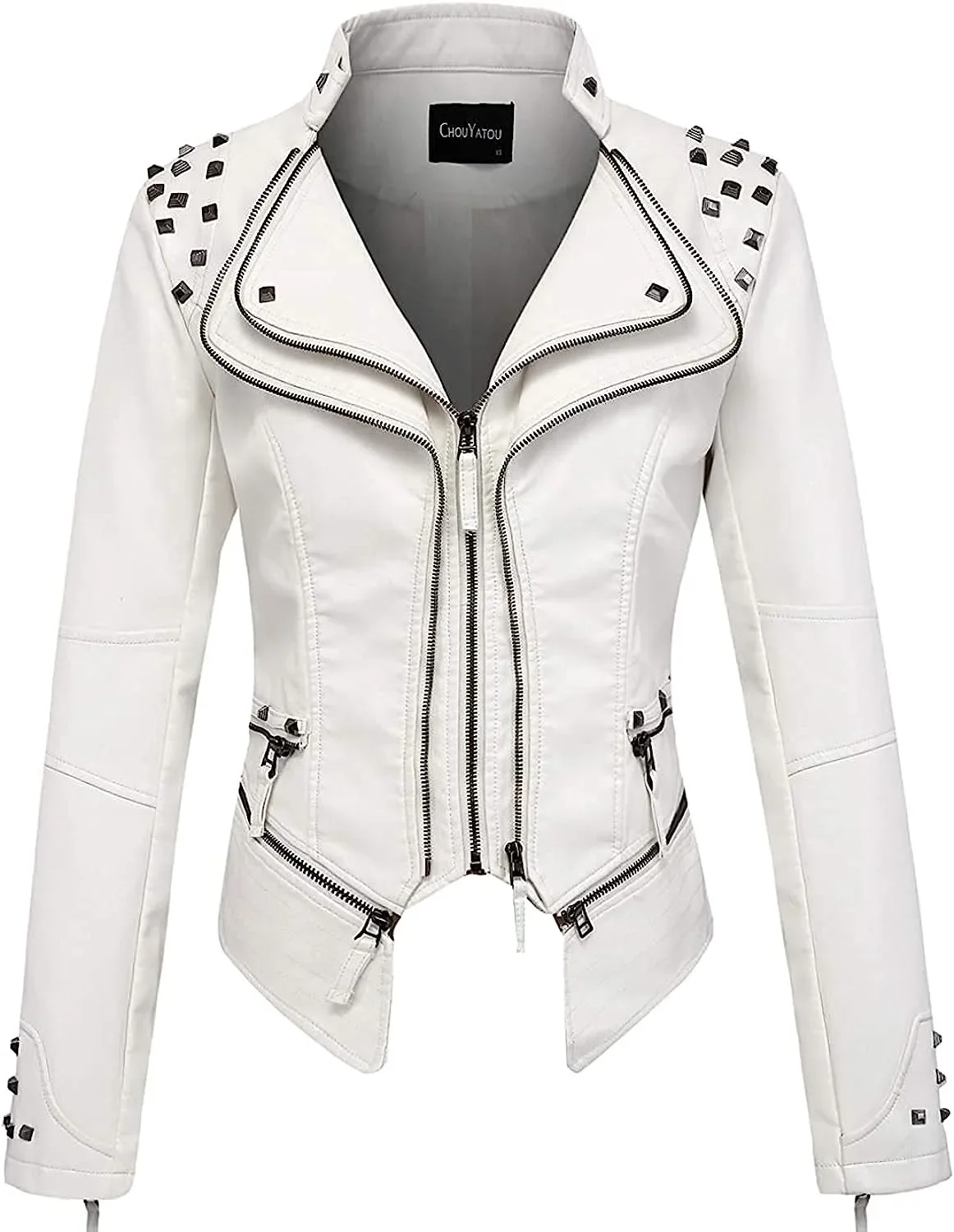 Spring New Style Suit Collar Rivet Waist Short Washed Pu Leather Jacket