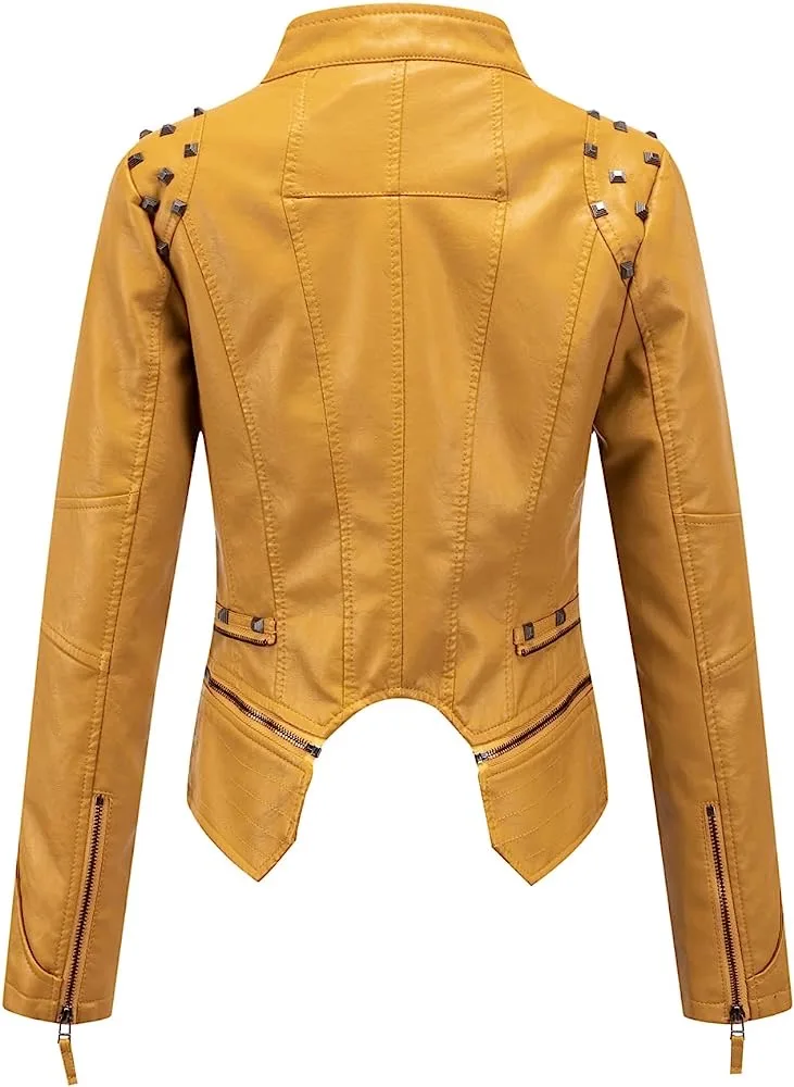 Spring New Style Suit Collar Rivet Waist Short Washed Pu Leather Jacket