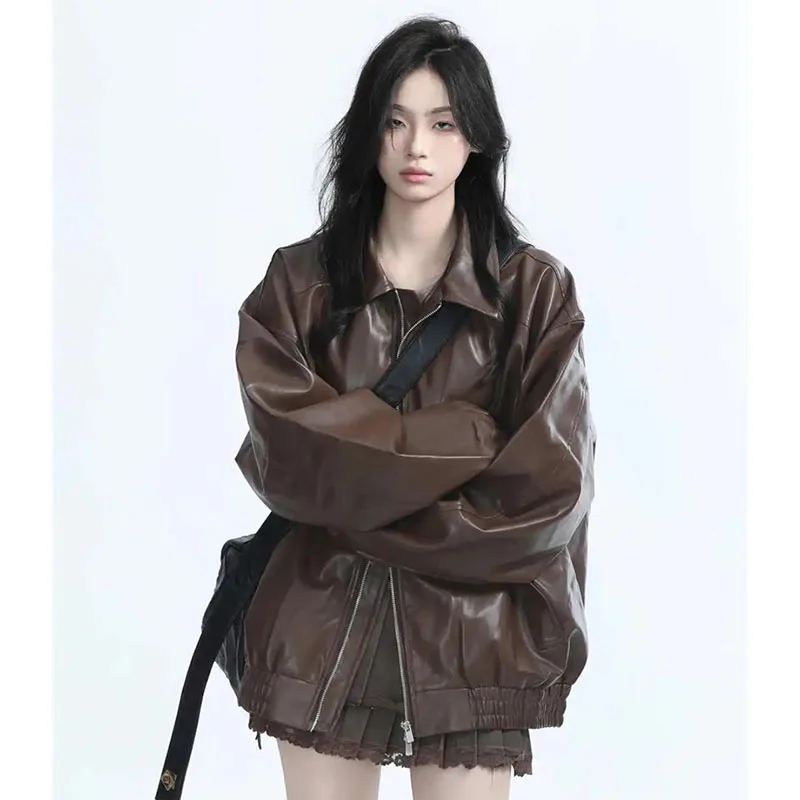 Retro Ladies Fashion Zipper Faux Leather Jacket Spring Autumn Women Long Sleeves Leather Coat 2025 Female PU Leather Outwear