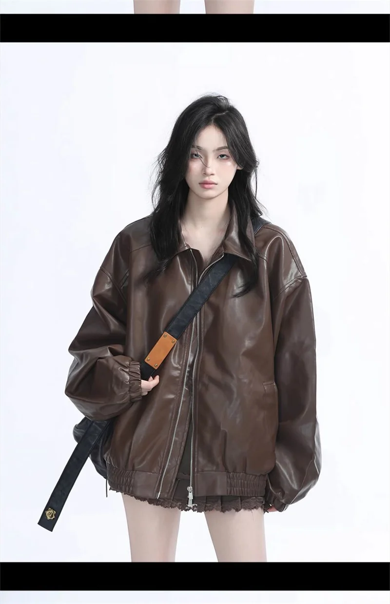 Retro Ladies Fashion Zipper Faux Leather Jacket Spring Autumn Women Long Sleeves Leather Coat 2025 Female PU Leather Outwear